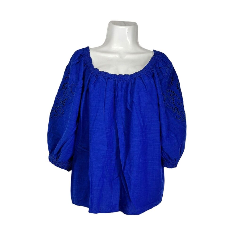 Knox Rose Royal Blue Eyelet Puff Sleeve Peasant Top XL Boho Cottagecore Blouse